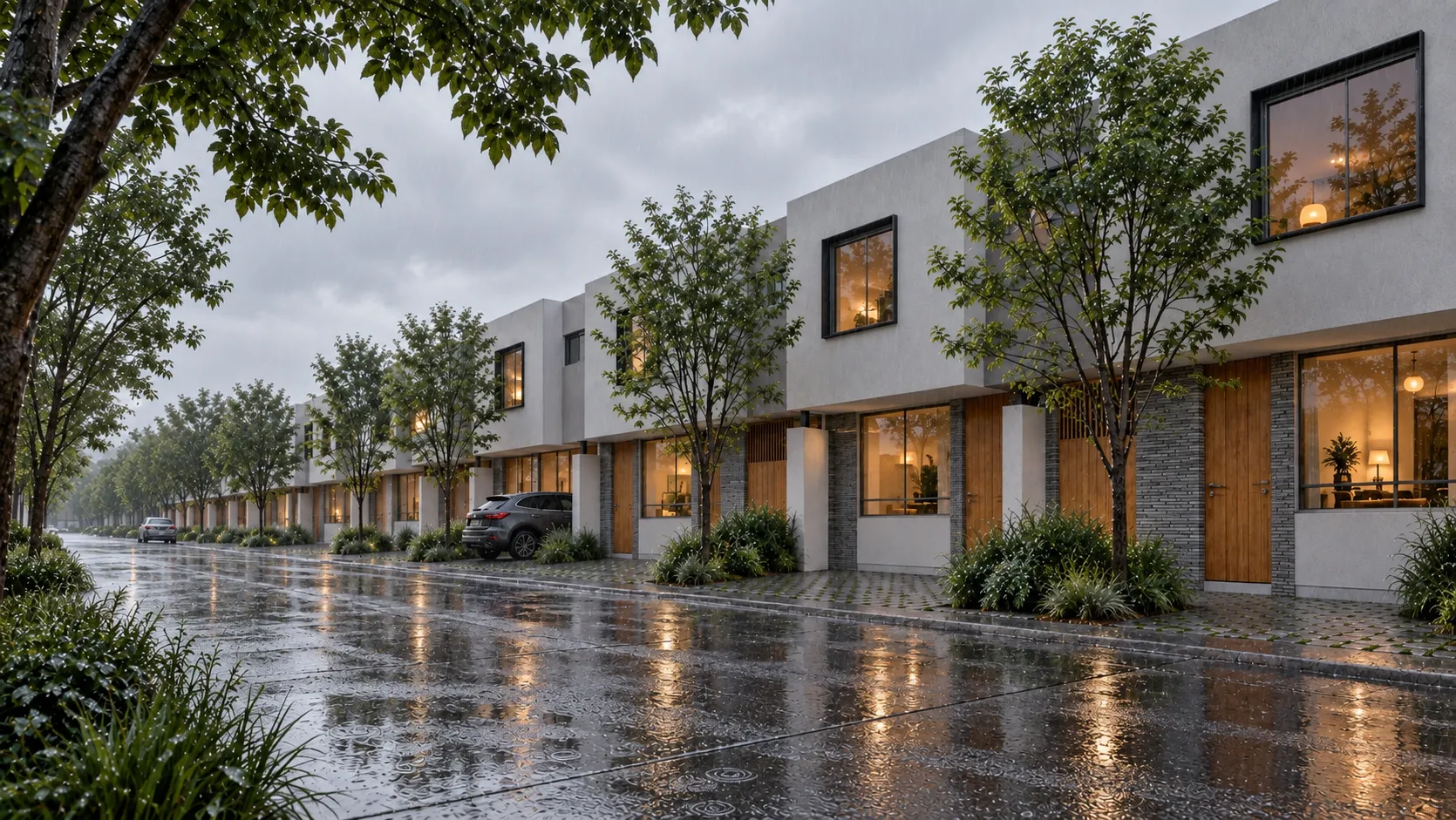 Hilera de casas modernas en una calle arbolada